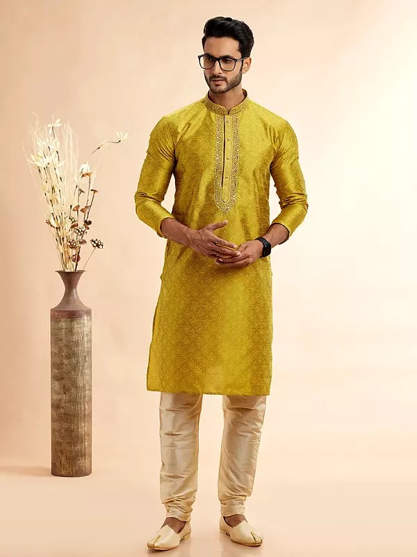 Elegant Jacquard Art Silk Kurta Pajama With Mirror And Machine Work Dupion Silk Bottom Perfect For Wedding Festive And Party Wear