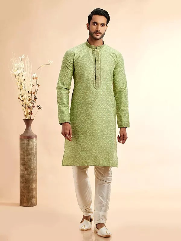 Men's Jacquard Art Silk Kurta Pajama With Dupion Silk Bottom Mirror And Machine Work Traditional Wedding And Festive Wear
