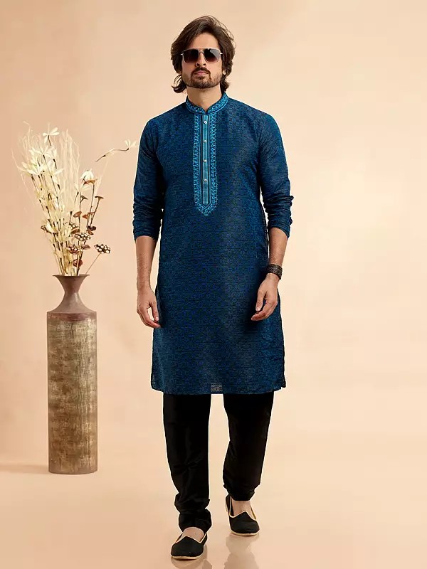 Designer Jacquard Art Silk Men's Kurta Pajama Set With Dupion Silk Bottom Featuring Mirror And Machine Work For Party And Wedding