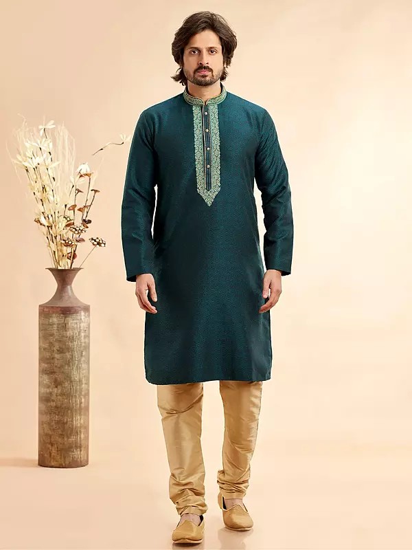 Traditional Men's Kurta Pajama In Jacquard Art Silk With Machine Work Dupion Silk Bottom Perfect For Festive And Reception Wear