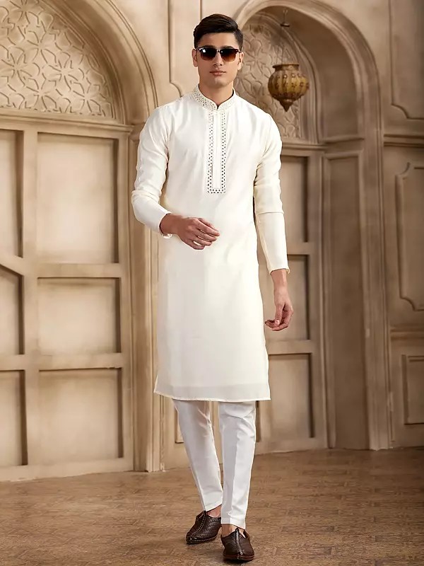 Banarasi Art Silk Kurta Pajama Straight Kurta With Half Elastic Pant Mirror Work Wedding Festive And Party Wear For Men