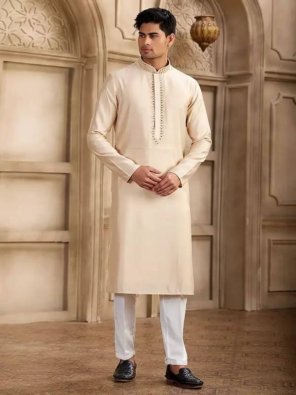 Men's Banarasi Art Silk Straight Kurta Pajama With Half Elastic Pant Mirror Work Traditional Wedding Festive And Party Wear