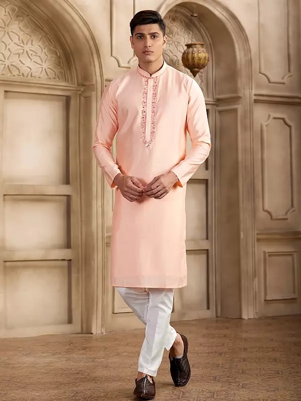 Refined Banarasi Art Silk Men's Straight Kurta Pajama With Half Elastic Pant Mirror Work Suitable For Wedding Festive And Party Celebrations