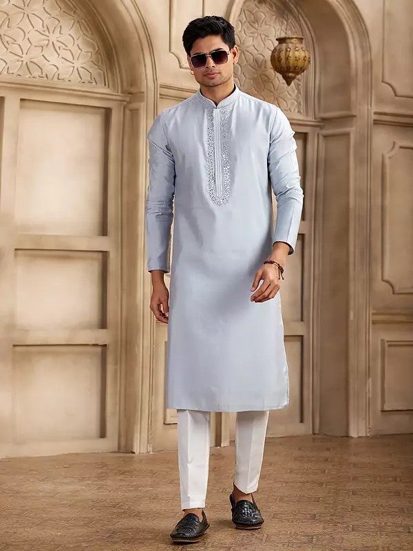 Banarasi Art Silk Men's Kurta Pajama Straight Kurta With Half Elastic Pant Mirror Work Classic Wedding Festive And Party Wear