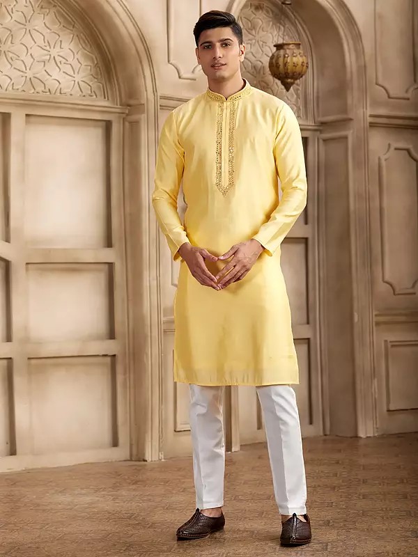 Graceful Banarasi Art Silk Men's Kurta Pajama With Half Elastic Pant Mirror Work Suitable For Wedding Festive And Party Occasions