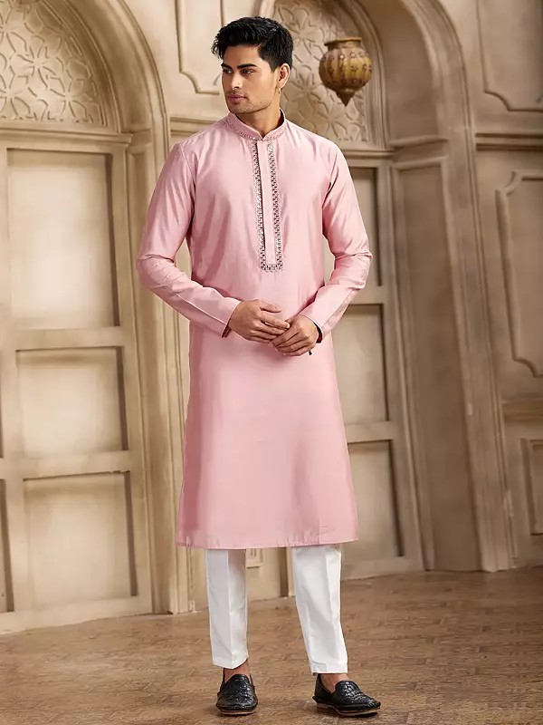 Radiant Banarasi Art Silk Men's Straight Kurta Pajama With Half Elastic Pant Mirror Work Ideal For Wedding Festive And Party Celebrations