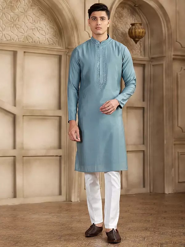 Banarasi Art Silk Men's Straight Kurta Pajama With Half Elastic Pant Mirror Work Perfect For Wedding Festive And Party Events