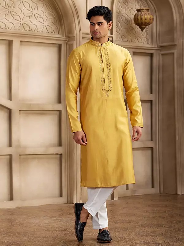 Elegant Banarasi Art Silk Men's Kurta Pajama Straight Kurta With Half Elastic Pant Mirror Work Suitable For Wedding Festive Occasions