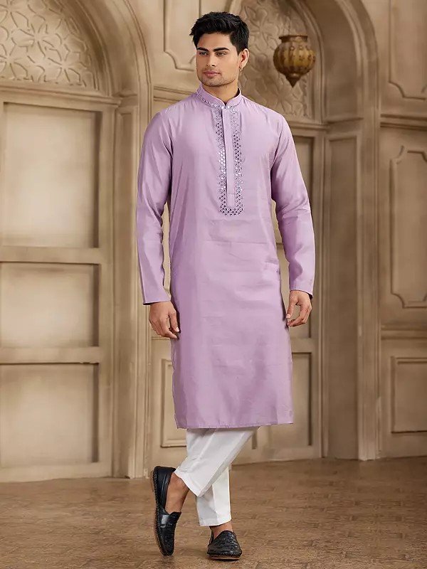 Men's Kurta Pajama In Banarasi Art Silk With Half Elastic Pant Mirror Work For Reception Wedding And Festive Functions