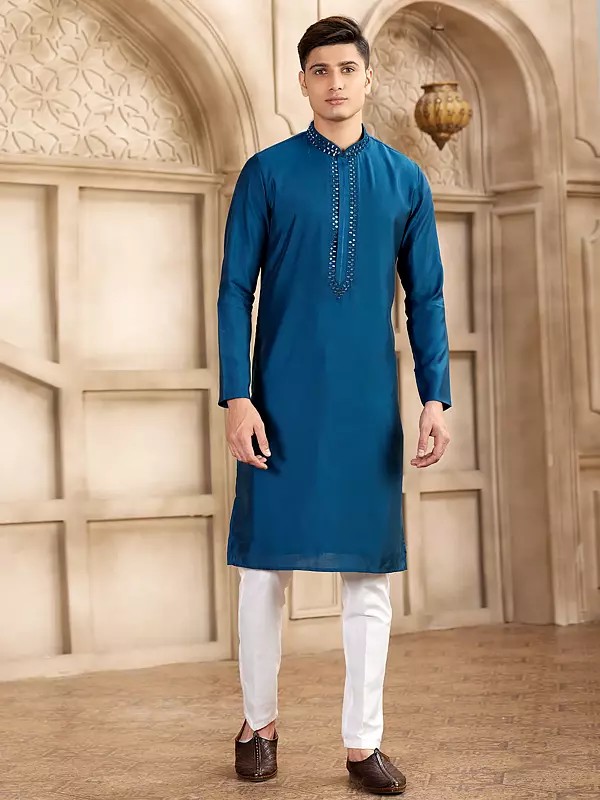 Premium Banarasi Art Silk Men's Straight Kurta Pajama With Half Elastic Pant Mirror Work Suitable For Festive And Party Celebrations