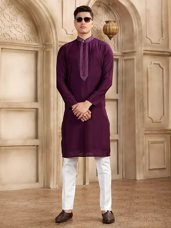 Designer Banarasi Art Silk Men's Straight Kurta Pajama With Half Elastic Pant Mirror Work Perfect For Wedding Festive And Party Wear