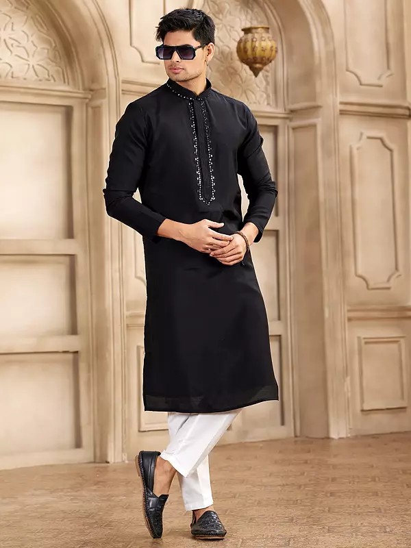 Banarasi Art Silk Men's Straight Kurta Pajama With Half Elastic Pant Mirror Work Ideal For Evening Wedding Festive And Party Wear
