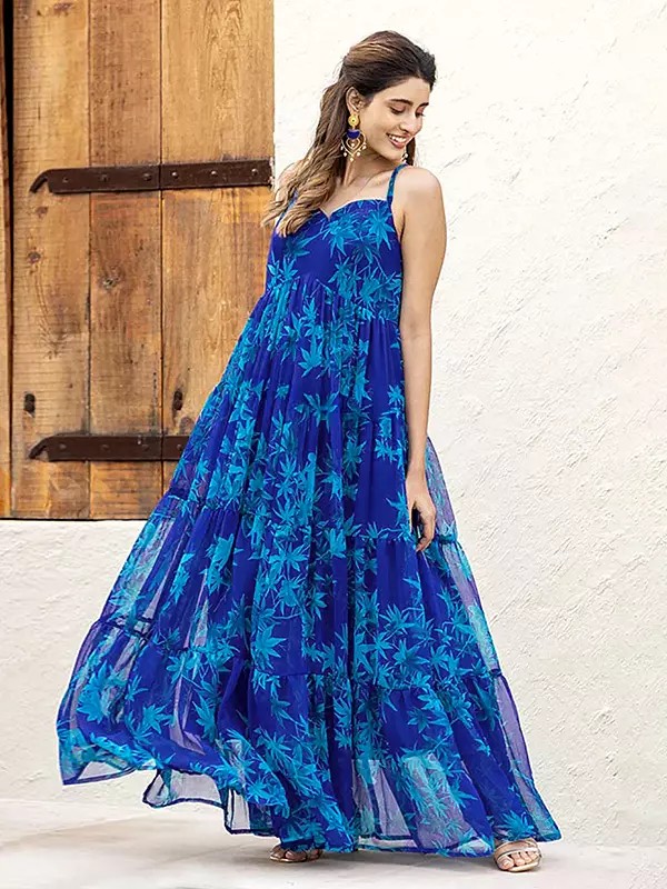 Faux Georgette Digital Print Gown Heavy Printed Flared Long Dress Ideal For Party Festive And Evening Wear For Women