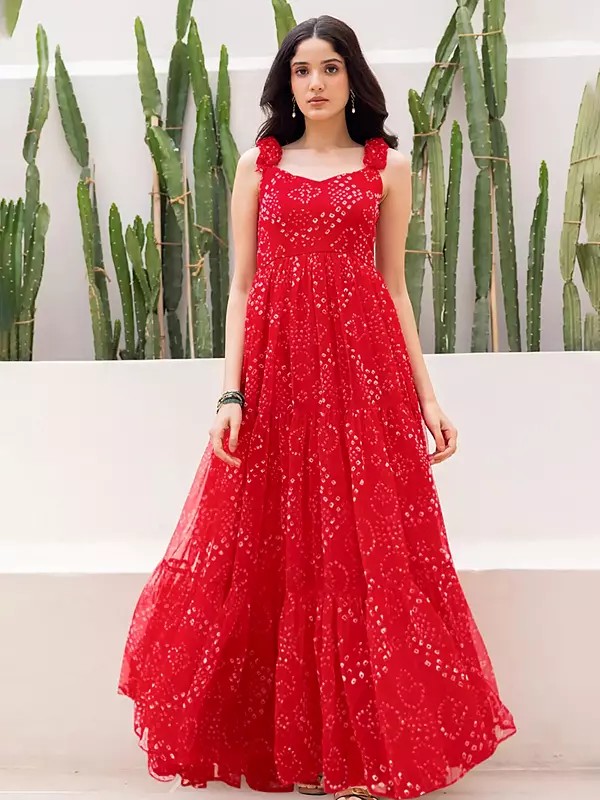 Flowy Faux Georgette Heavy Digital Print Gown Floor Length Flared Dress Perfect For Beach Holiday Resort And Summer Parties