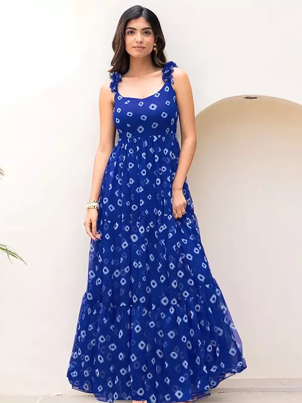 Maxi Gown In Faux Georgette Heavy Digital Print Flared Sleeveless Dress Perfect For Vacation Beach Party And Casual Outings