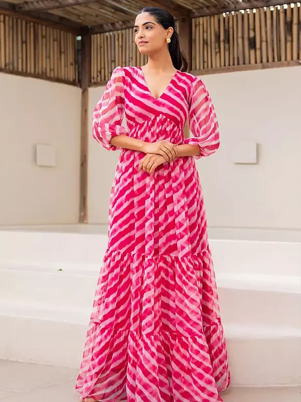 Vacation Vibe Faux Georgette Heavy Digital Print Gown V Neck Puff Sleeve Tiered Flared Long Dress Ideal For Beach Resort And Parties