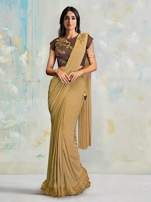 Lycra Saree With Art Silk Blouse Elegant Handwork Embroidered Designer Ruffle Style Party Wear Ethnic Drape For Women