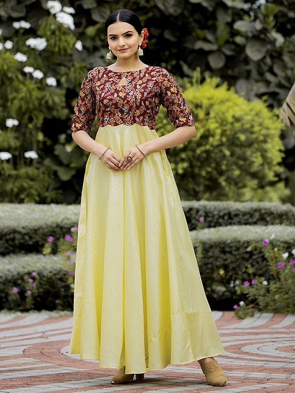 Floral Kalamkari Print Satin Silk Gown Floor Length Party Wear With Elegant Work And Flared Long Design For Women