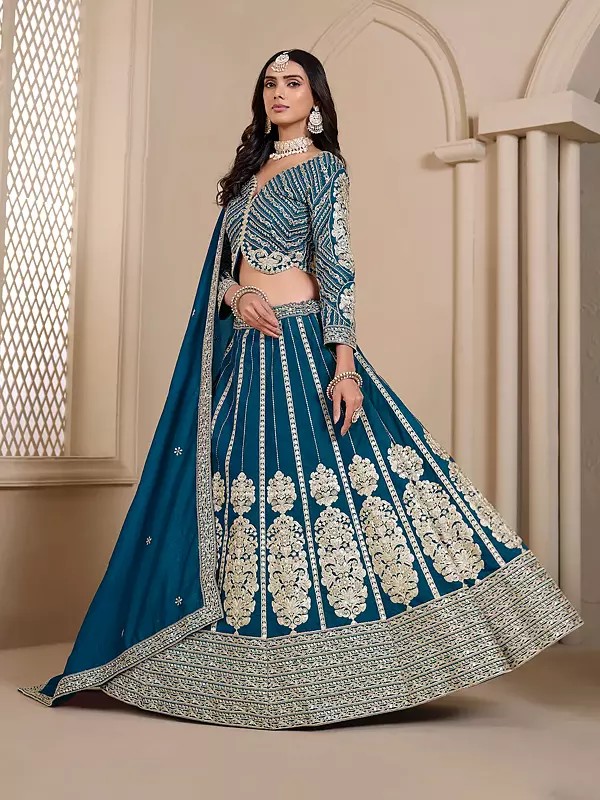 Shimmer Art Silk Lehenga Choli With Dupatta Heavy Embroidery Work Bridal Party And Wedding Wear For Women