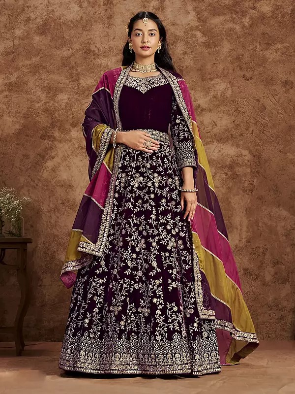 Stylish Velvet Embroidered Gown Outfit With Bottom And Soft Organza Print Dupatta Perfect For Party And Wedding Functions
