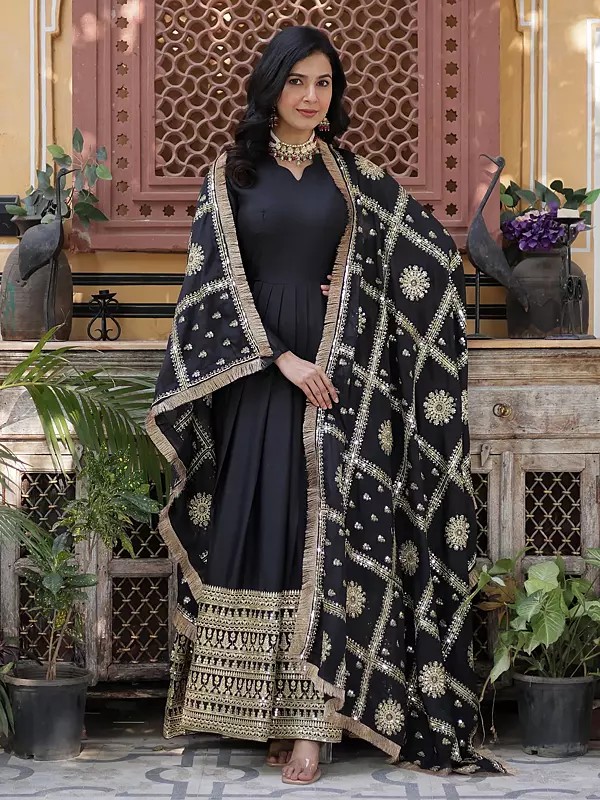 Elegant Georgette Gown With Heavy Embroidery Zari Sequins Work And Matching Dupatta For Party And Wedding Wear