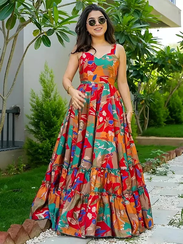 Rayon Printed Tiered Gown Long Flared Maxi Dress For Everyday Wear Shopping And Small Parties For Women