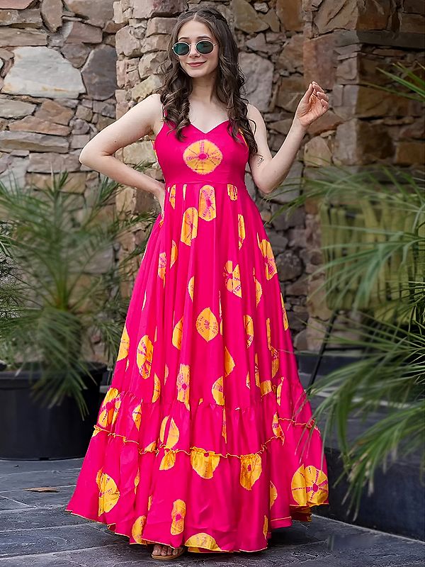 Colorful Abstract Print Rayon Long Gown Soft Flared Maxi Dress For Daily Wear Shopping Travel And Casual Party Use