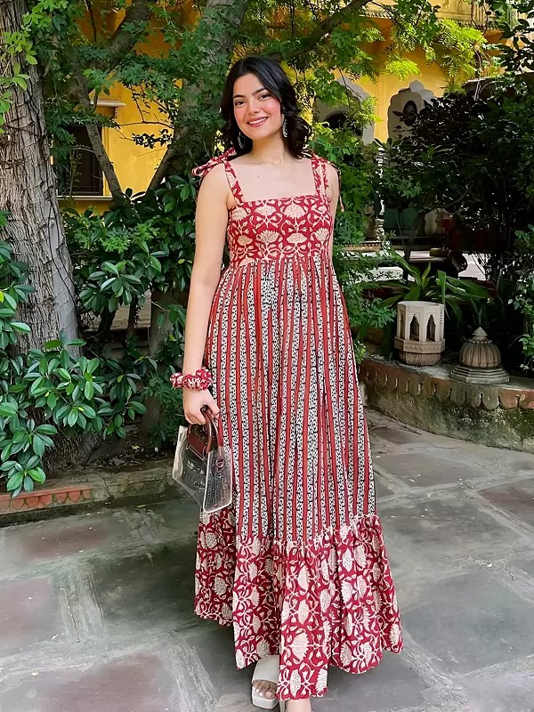 Rayon Printed Gown Sleeveless Long Flared Maxi Dress For Everyday Wear Brunch Travel And Casual Outings For Women