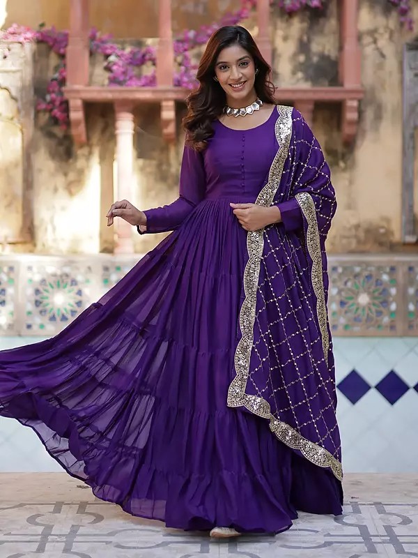 Star Georgette Gown With Dupatta Sequins Embroidered Work Flared Floor Length Festive And Wedding Wear Set For Women