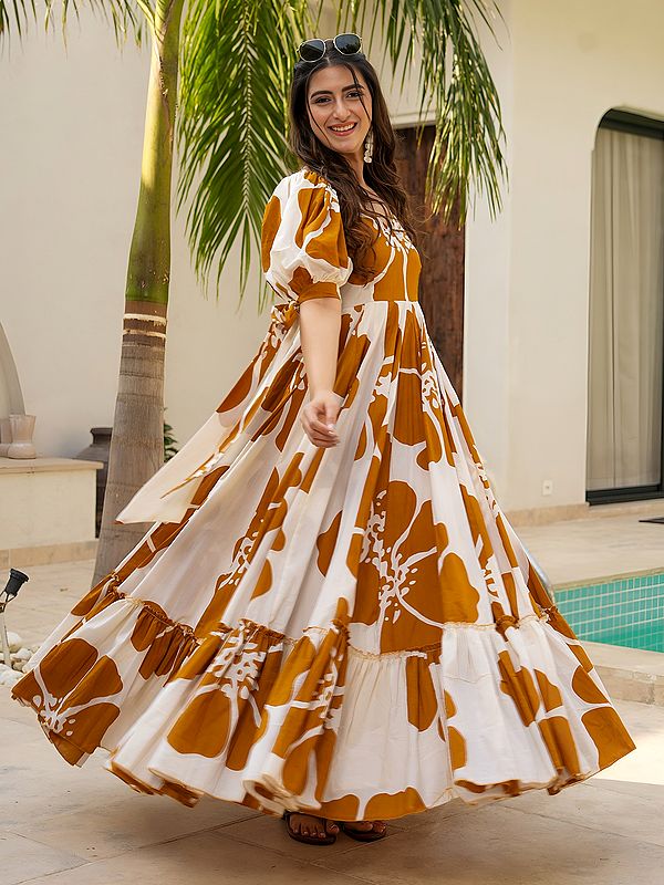 Women's Printed Rayon Gown Puff Sleeve Flared Long Maxi Dress For Brunch Beach Vacation And Casual Outings