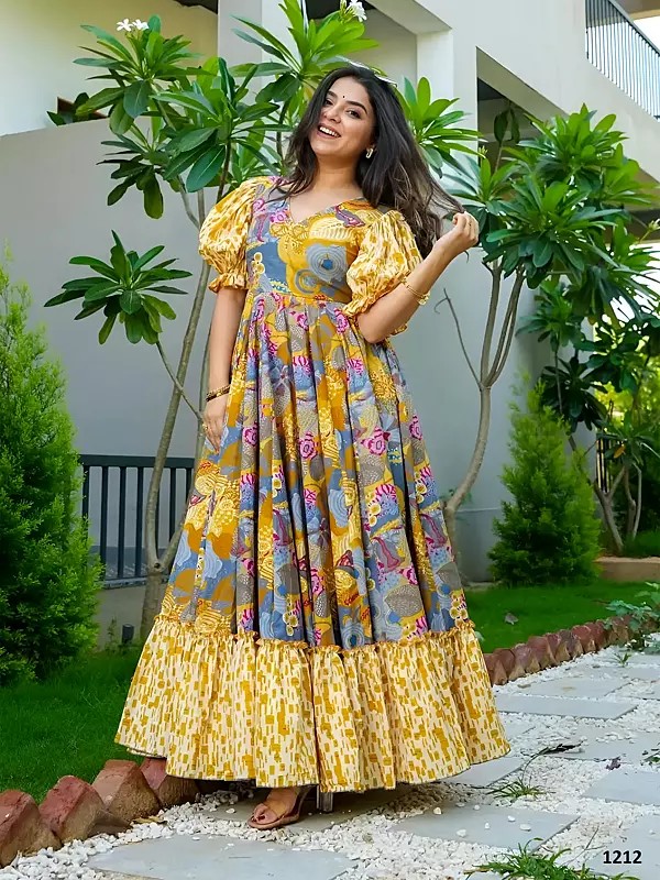 Multicolour Printed Rayon Gown Puff Sleeve Flared Long Maxi Dress For Brunch Vacation And Casual Day Outings
