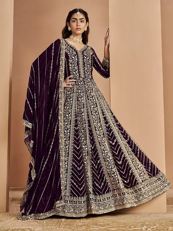 Designer Faux Georgette Embroidery Gown With Dupatta And Santoon Bottom Party And Wedding Wear For Women