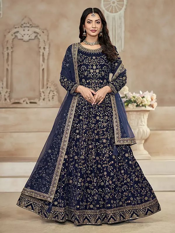 Luxurious Velvet Embroidery Gown With Santoon Bottom And Dupatta Party And Wedding Wear For Women