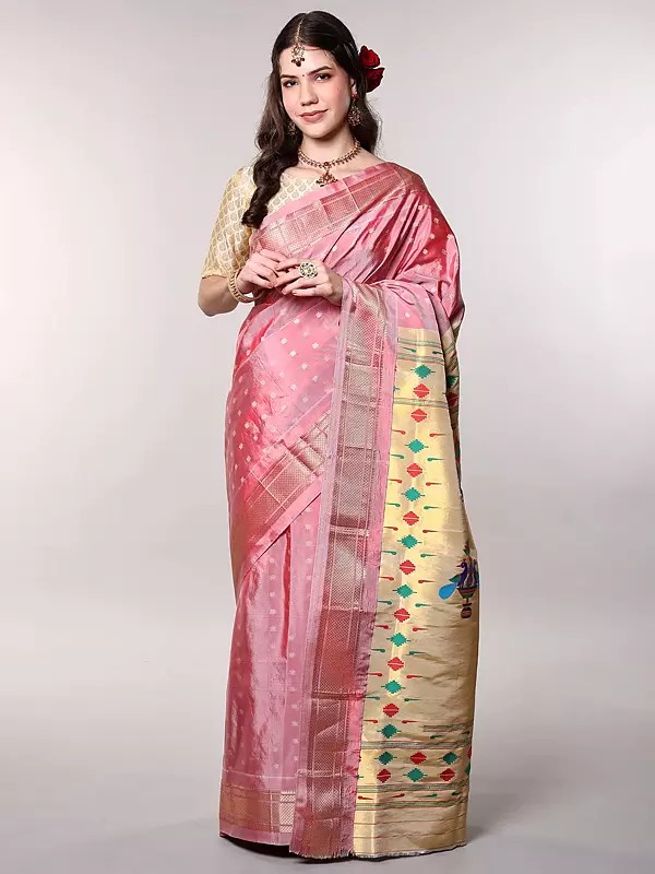 Pure Silk Paithani Saree from Bangalore with Golden Thread woven Bootis and Peacocks on Pallu