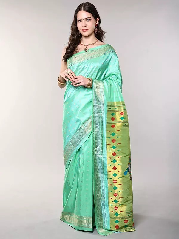 Pure Silk Paithani Saree from Bangalore with Golden Thread woven Bootis and Peacocks on Pallu