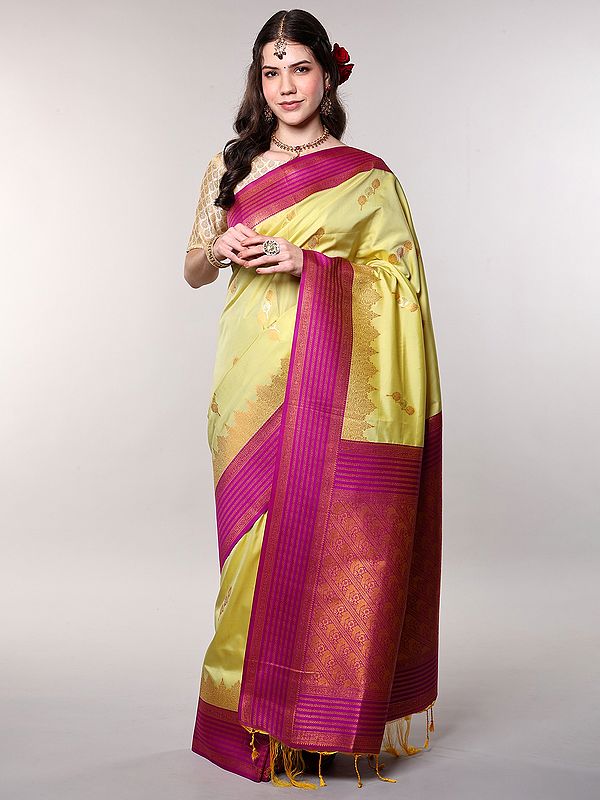 Art Silk Saree from Bangalore with Zari Woven Floral-Stripe Contrast Border and Pallu