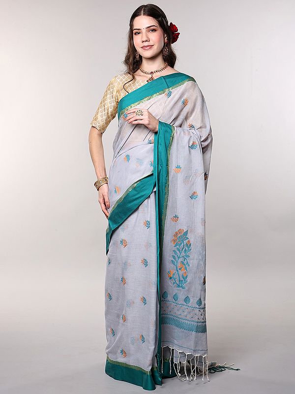 Floral Woven Cotton Saree with Contrast Zari Stripe Border from Bengal