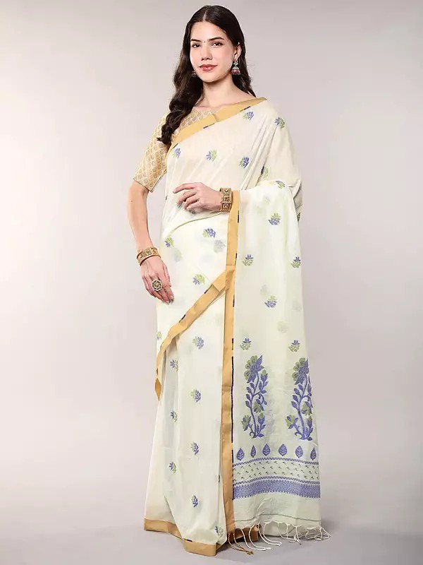 Floral Woven Cotton Saree with Contrast Border from Bengal