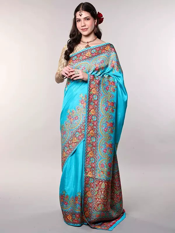 Pure Silk Saree from Bangalore with Multicolor Floral woven Border and Zari Weave