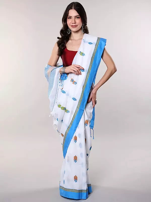 Floral Leaves Woven Cotton Saree from Bengal with Contrast Blue Border