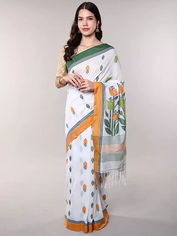 Floral Leaves Woven Cotton Saree from Bengal with Contrast Blue Border