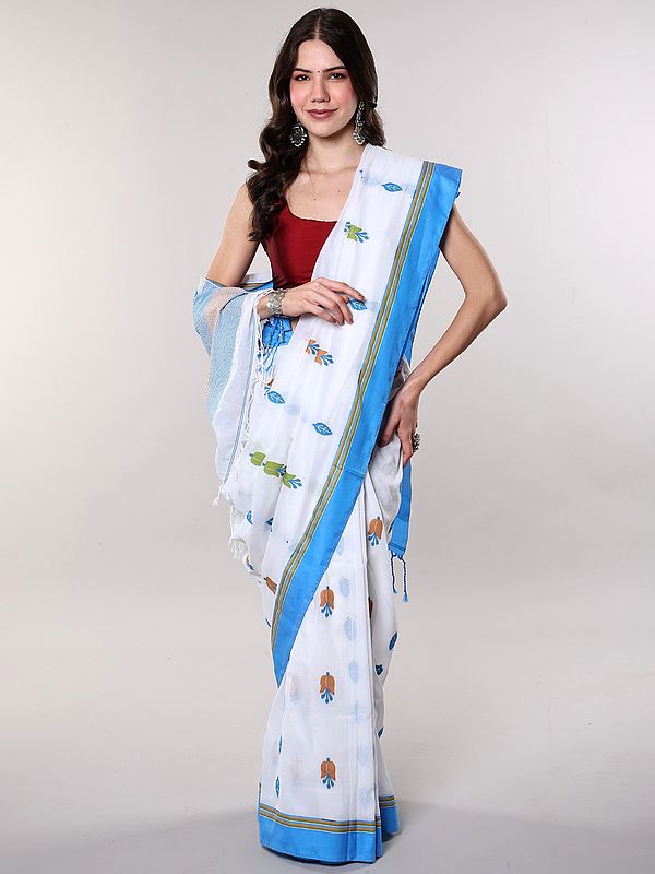 Bright-White Floral Leaves Woven Cotton Saree from Bengal with Contrast Blue Border
