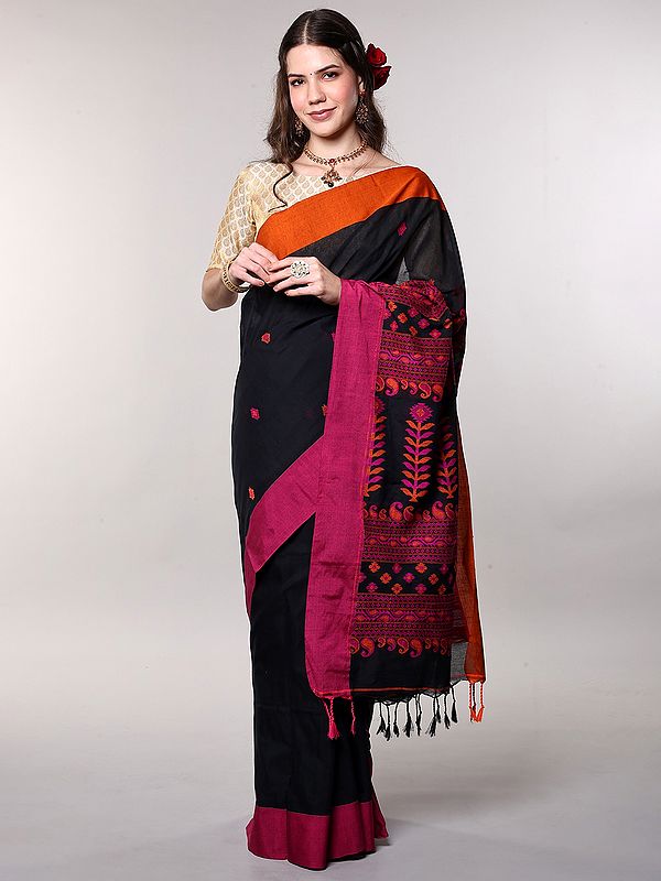 Jamdani Handloom Pure Cotton Saree with Woven Multicolor Floral Bootis and Paisley from Bengal