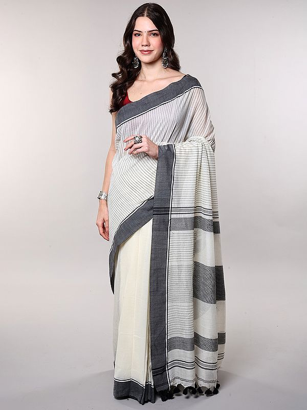 Off-White Pure Cotton Saree with Stripes Weave and Contrast Black Border from Bengal