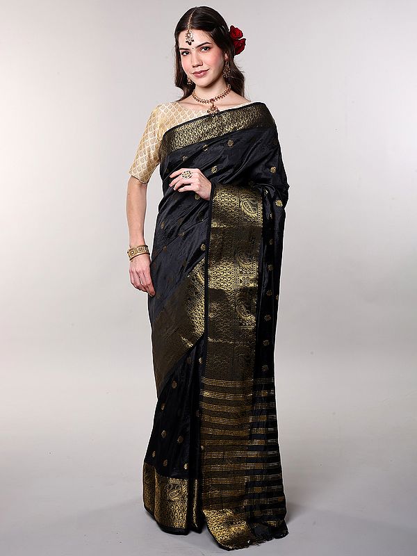 Black-Ink Golden Thread Woven Paisley Bootis Art Silk Saree with Stripes Anchal from Bangalore