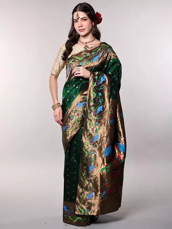 Pure Silk Bootis woven Paithani Saree with Intricate Golden Thread work and Parrot Border from Bangalore