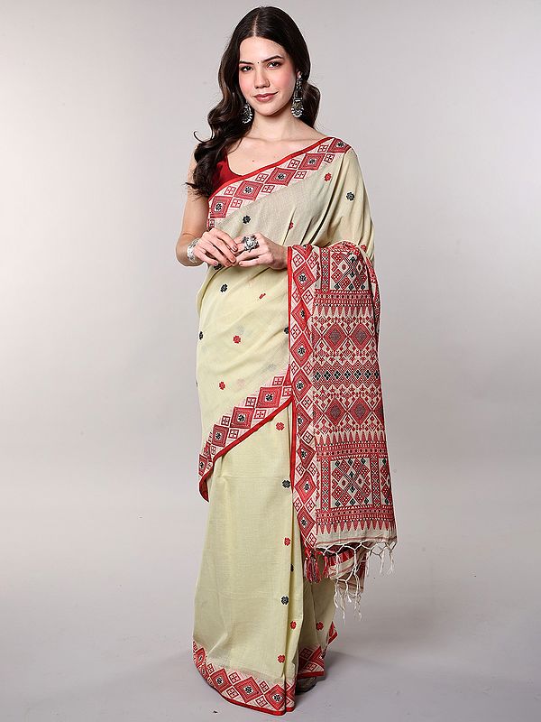 Pure Cotton Jamdani Saree with Woven Aztec Pattern from Bengal