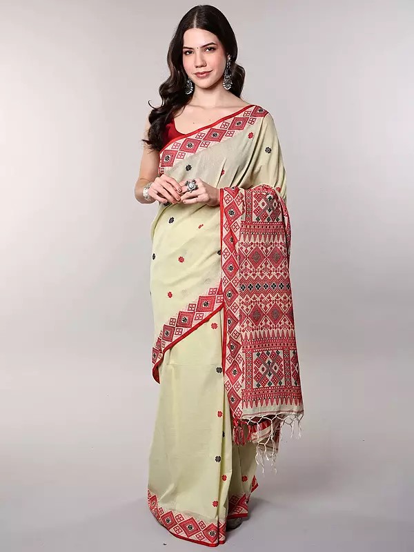 Pear-Sorbet Pure Cotton Jamdani Saree with Woven Aztec Pattern from Bengal