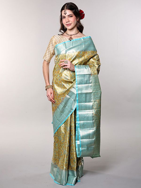 Pure Silk Saree with Intricate Zari Woven Flowers Vines Pattern on All-over and Contrast Pallu-Border