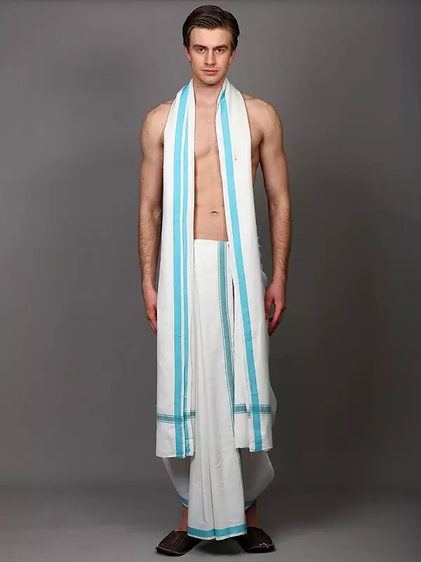 Pure Cotton Plain Dhoti and Angavastram Set with Striped Border from ISKCON Vrindavan by BLISS